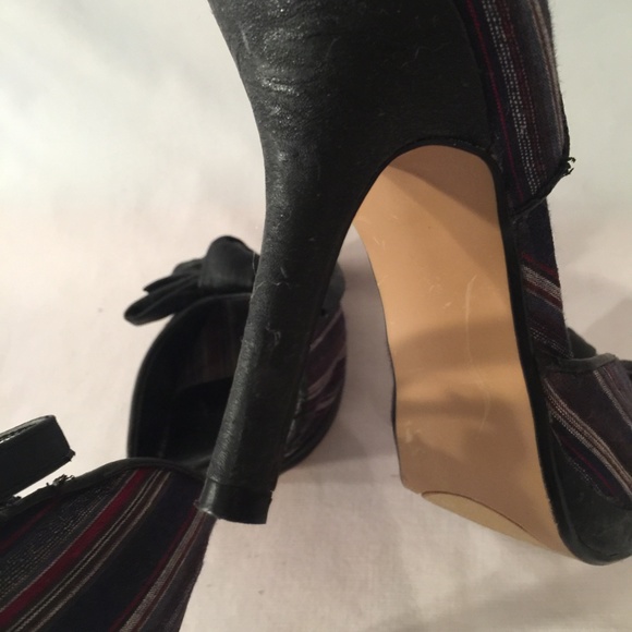 💚 Z London Blue Striped Open Toe Bow Heels Size 8 - Picture 5 of 8